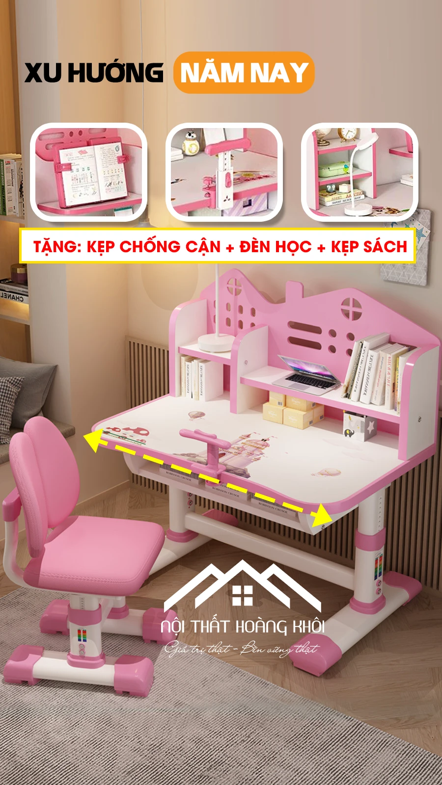 Bàn Học Kèm Giá Sách GMH63 - Giải Pháp Hoàn Hảo Chống Gù, Chống Cận Cho Bé (Kèm Ghế) - Ảnh 2