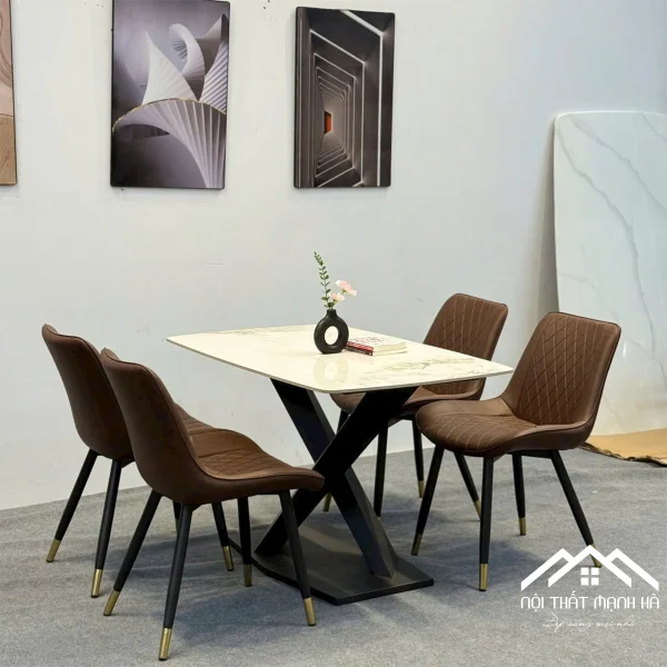 Bộ Bàn Ăn Mặt Đá Chữ X 6 Ghế Da – Tôn Vinh Phòng Ăn Hiện Đại