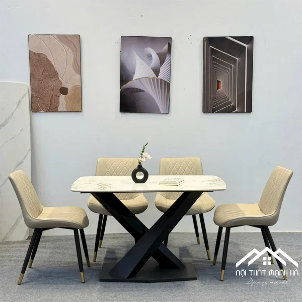 Alternative view of Bộ Bàn Ăn Mặt Đá Chữ X 6 Ghế Da – Tôn Vinh Phòng Ăn Hiện Đại