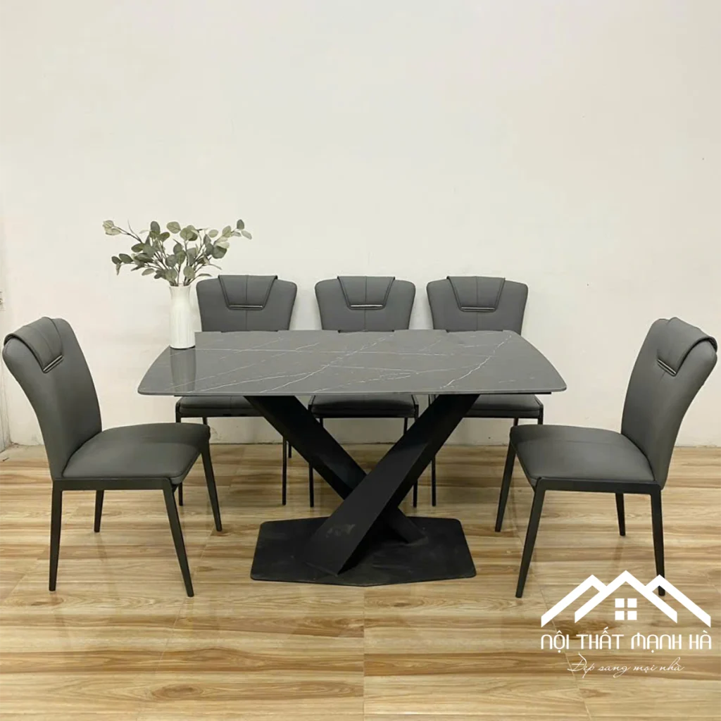 Bộ bàn ăn mặt đá 6 ghế da hiện đại
