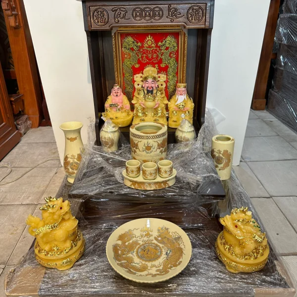 Combo Bàn Thờ Thần Tài Gỗ Sồi Màu Óc Chó - Full Bộ Tượng & Gốm Bát Tràng (Mã TT1)
