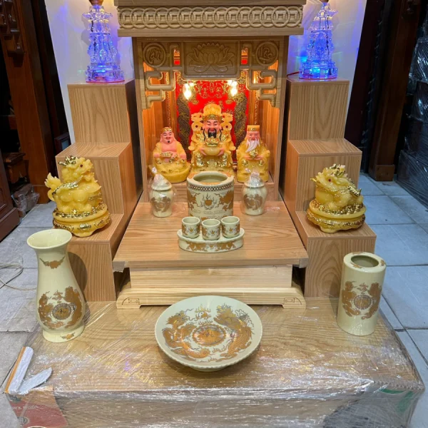 Combo Bàn Thờ Thần Tài Gỗ Sồi Màu Trần - Thiết Kế Hiện Đại Kèm Đèn Sen (Mã TT2)