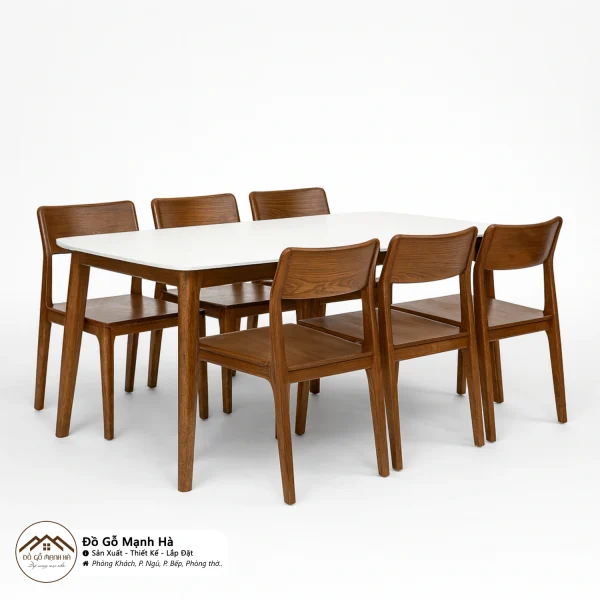 BỘ BÀN ĂN GỖ SỒI TỰ NHIÊN MẶT ĐÁ – GHẾ GỖ CHÂN HƯƠU CAO CẤP (165 x 85 x 75cm)