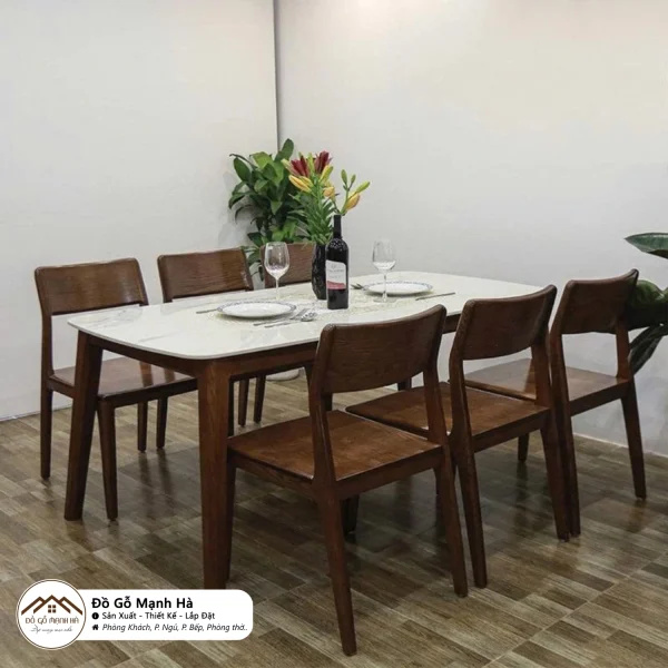 Alternative view of BỘ BÀN ĂN GỖ SỒI TỰ NHIÊN MẶT ĐÁ – GHẾ GỖ CHÂN HƯƠU CAO CẤP (165 x 85 x 75cm)