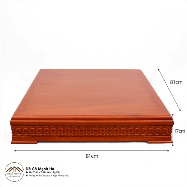 Kệ ban thờ Thần tài - Thổ địa gỗ hương đỏ họa tiết tiền đông tụ lộc - KT 81x81x17cm
