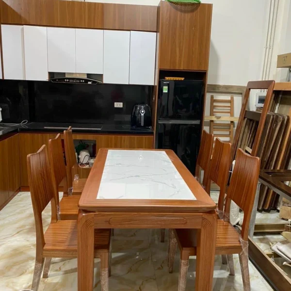 Bộ bàn ăn gỗ Sồi mặt phối đá vân mây màu vàng 637