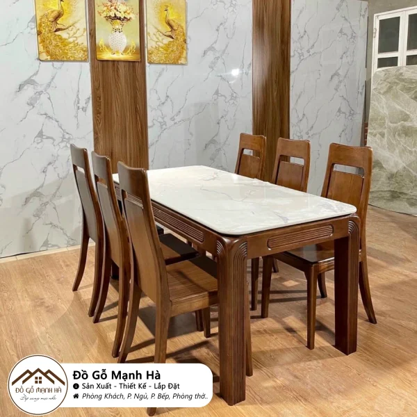Bộ bàn ăn gỗ Sồi mặt đá chân to chắc chắn 641