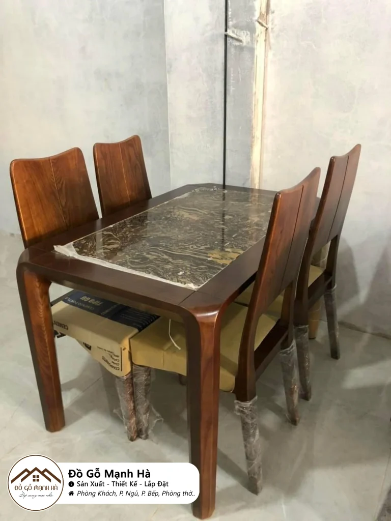 Bộ b&agrave;n ăn gỗ Sồi mặt phối đ&aacute; ch&acirc;n to chắc chắn 648 - ảnh 1