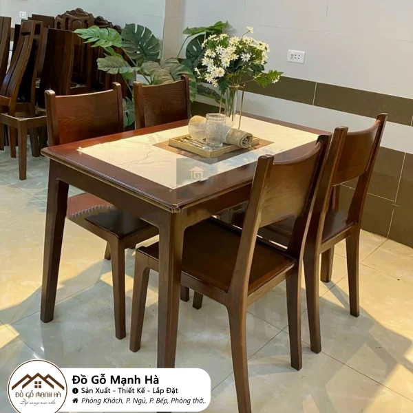 Bộ bàn ăn gỗ Sồi mặt phối đá 649