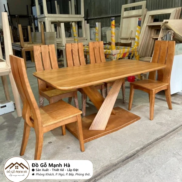 Bộ bàn ăn gỗ Sồi mặt gỗ chân chữ X 632