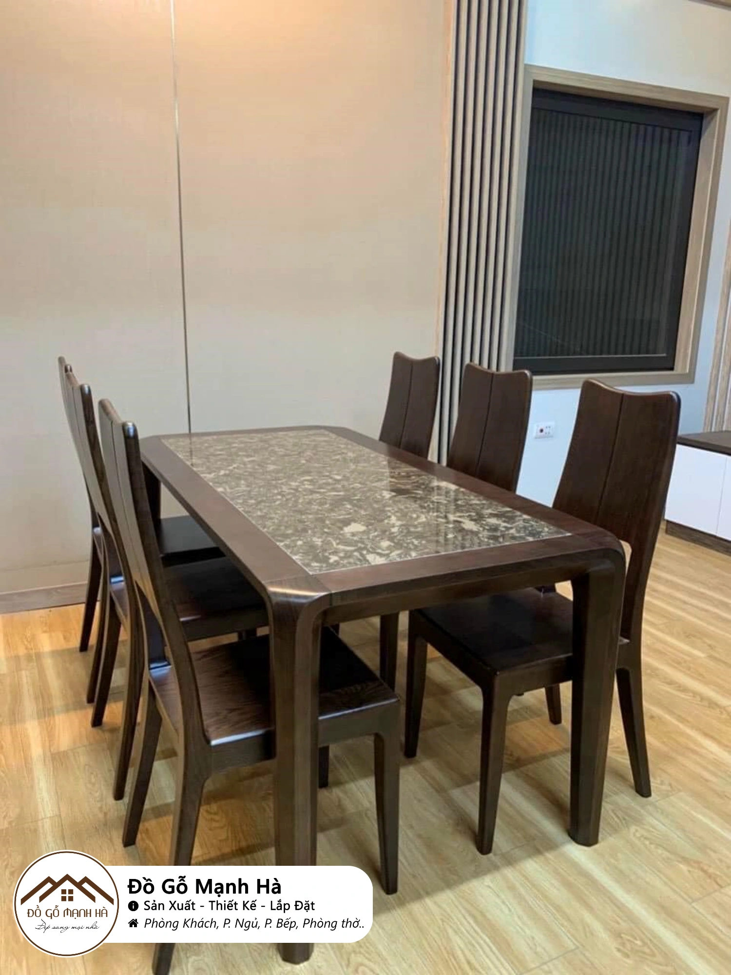 Bộ bàn ăn gỗ Sồi mặt phối đá vân mây màu óc chó 636 60 Bộ bàn ăn gỗ Sồi mặt phối đá vân mây màu óc chó 636 60