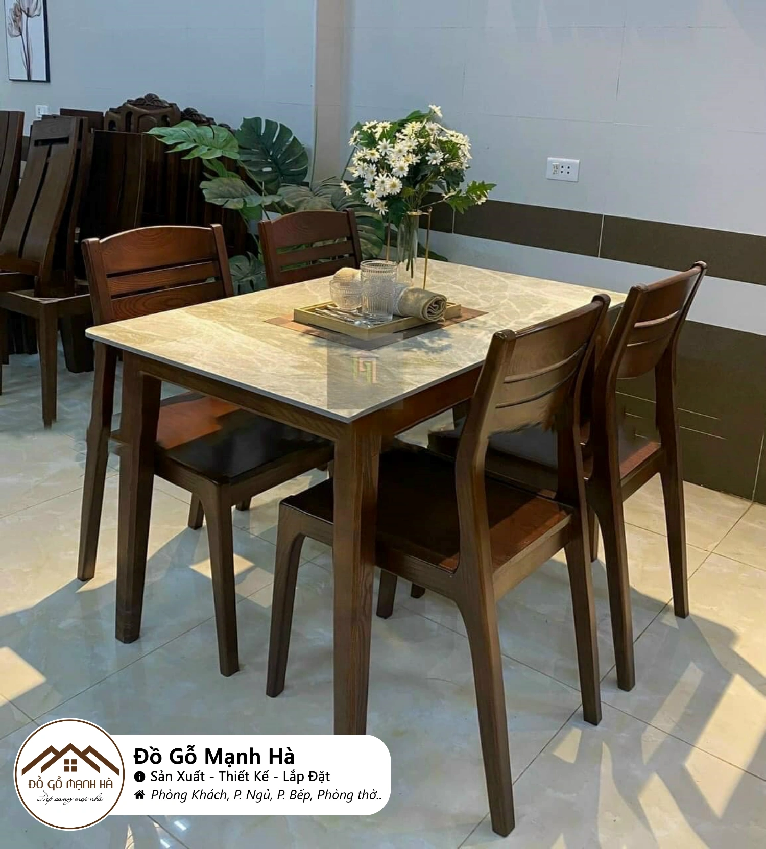 Bộ bàn ăn gỗ Sồi mặt đá 4 ghế 650