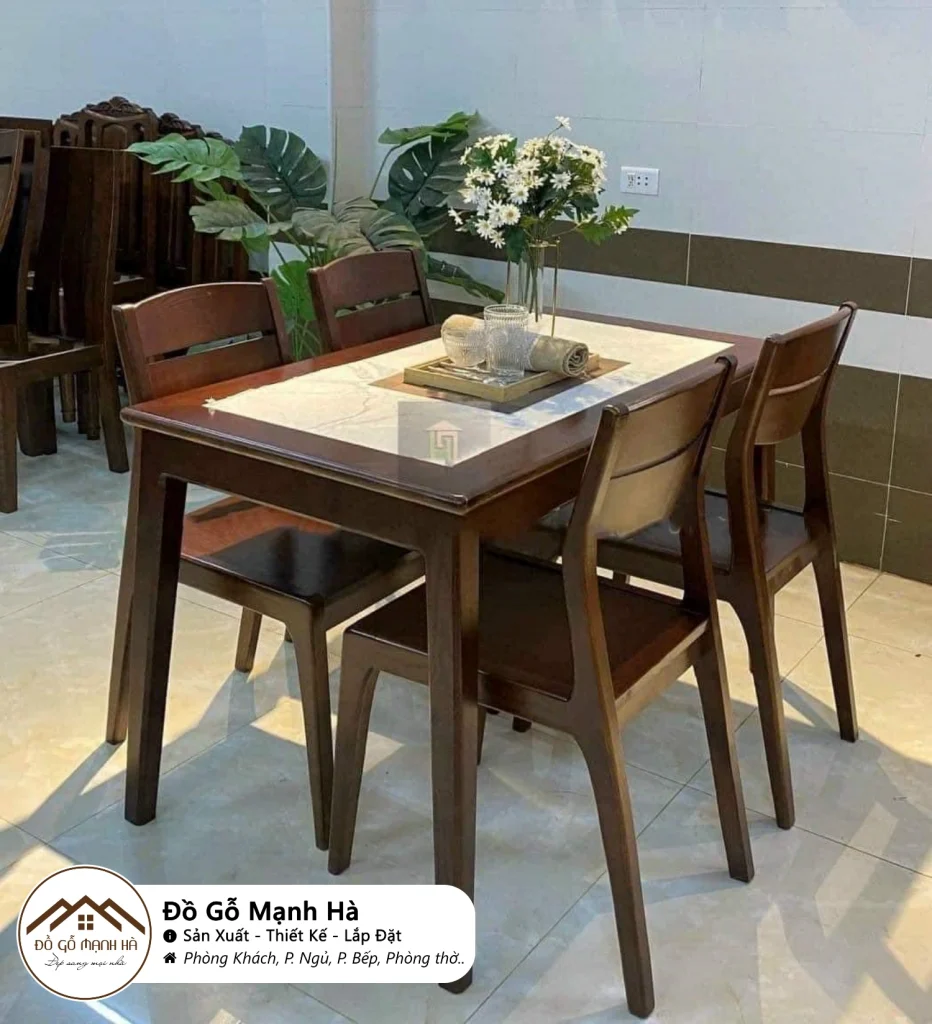 Bộ bàn ăn gỗ Sồi mặt phối đá 643 - Hoàng Khôi Furniture Bộ bàn ăn gỗ Sồi mặt phối đá 643