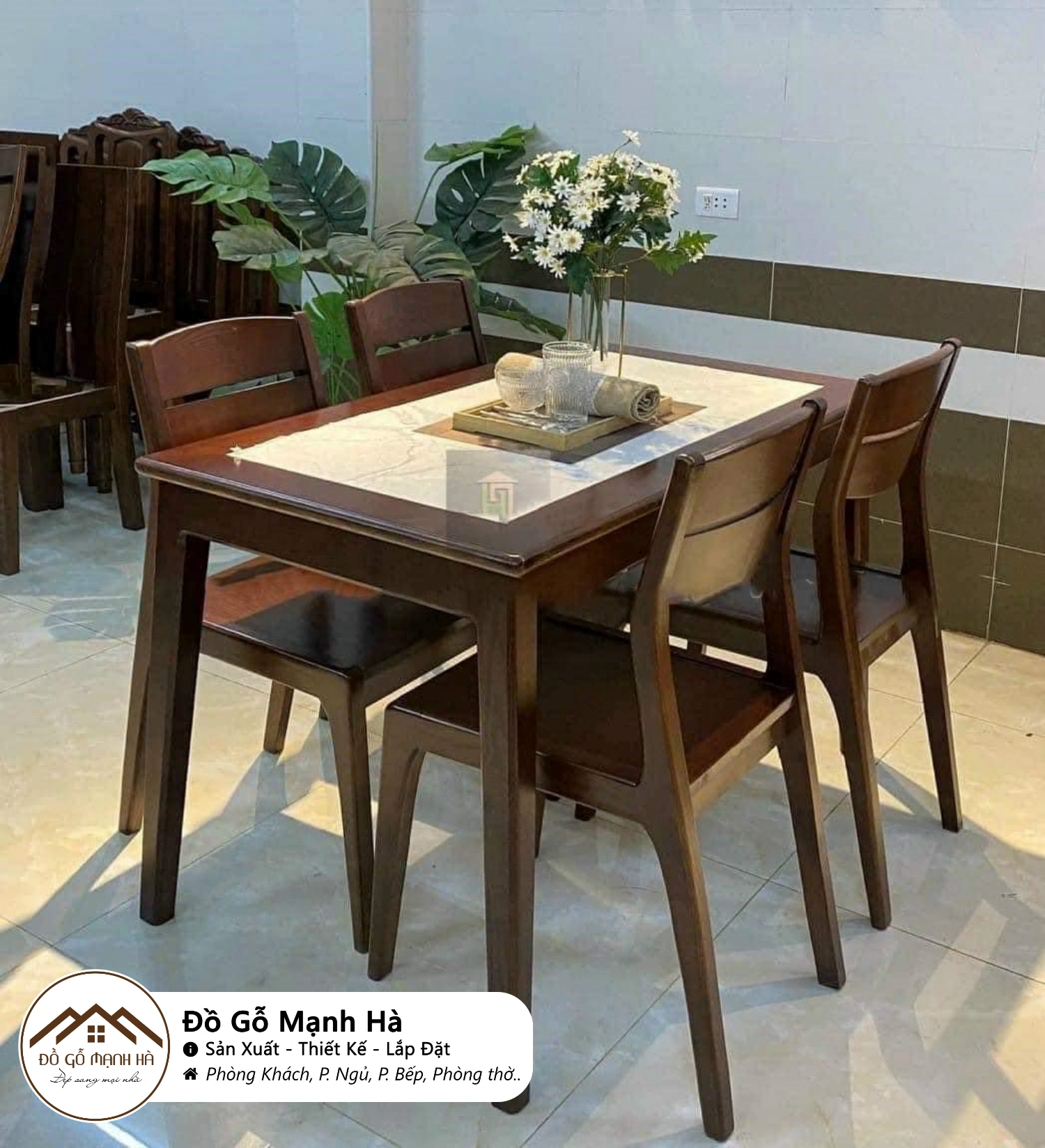 Bộ bàn ăn gỗ Sồi mặt phối đá 643 61 Bộ bàn ăn gỗ Sồi mặt phối đá 643 61