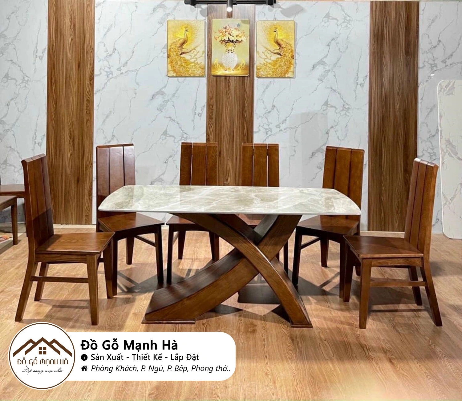 Bộ bàn ăn gỗ Sồi mặt đá chân chữ X màu nâu óc chó 640 60 Bộ bàn ăn gỗ Sồi mặt đá chân chữ X màu nâu óc chó 640 60