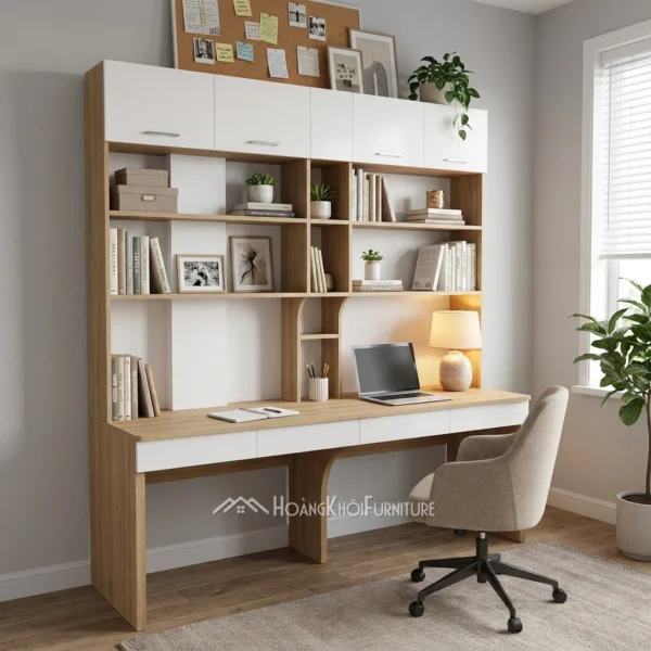 Hệ Bàn Học Đôi Kèm Giá Sách Che Cột Chịu Lực Đẹp Hiện Đại